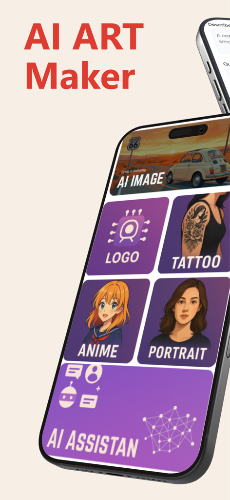 Interface do aplicativo Hedra AI Art Generator mostrando categorias para arte de logo, tatuagem, anime e retrato