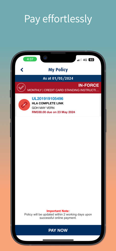 HLA360° app by HLA - HLA360 app showing policy details and a Pay Now button for insurance premiums.