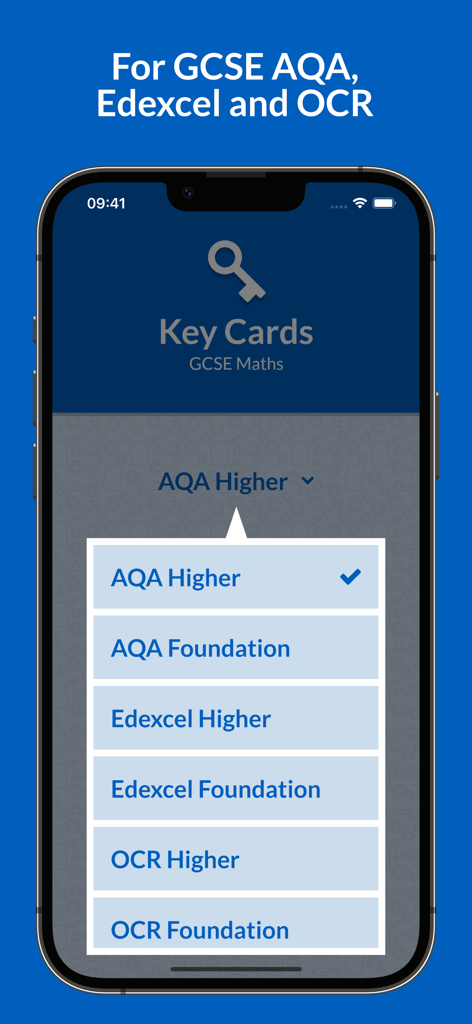 Key Cards GCSE Mathsアプリの選択メニューに、AQA EdexcelおよびOCR試験委員会のオプションが表示されています