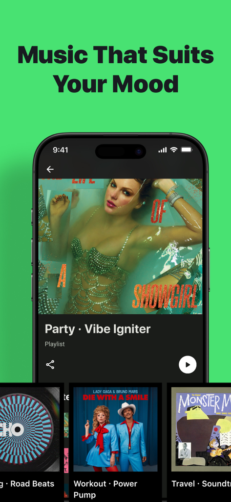 Music Stats for Spotify Song - Pantalla de la aplicación Music Stats for Spotify que muestra playlists personalizadas para diferentes estados de ánimo como fiesta y entrenamiento
