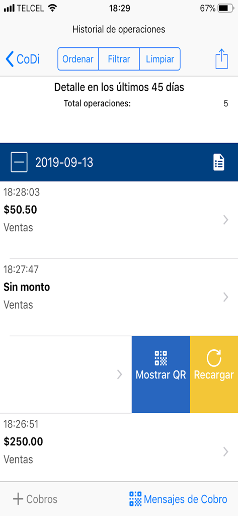 CoDi Banxico -solo para cobrar - Transaction history screen of the CoDi Banxico app showing a list of recent payment operations