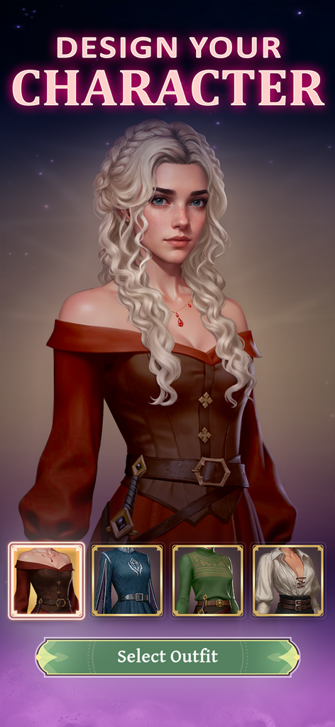 Love & Magic™: Spellfyre - Love and Magic Spellfyre의 캐릭터 커스터마이징 화면으로, 여성 캐릭터와 의상 선택지가 표시됩니다