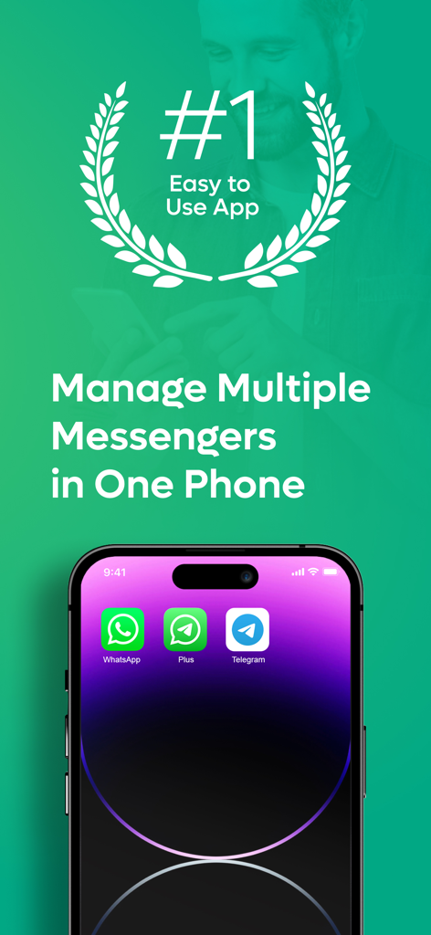 Plus: Dual Messenger for iPad - Interfaz de la aplicación Plus Dual Messenger en un iPhone mostrando iconos para WhatsApp y Telegram con el titular Gestiona Múltiples Mensajeros en un Teléfono