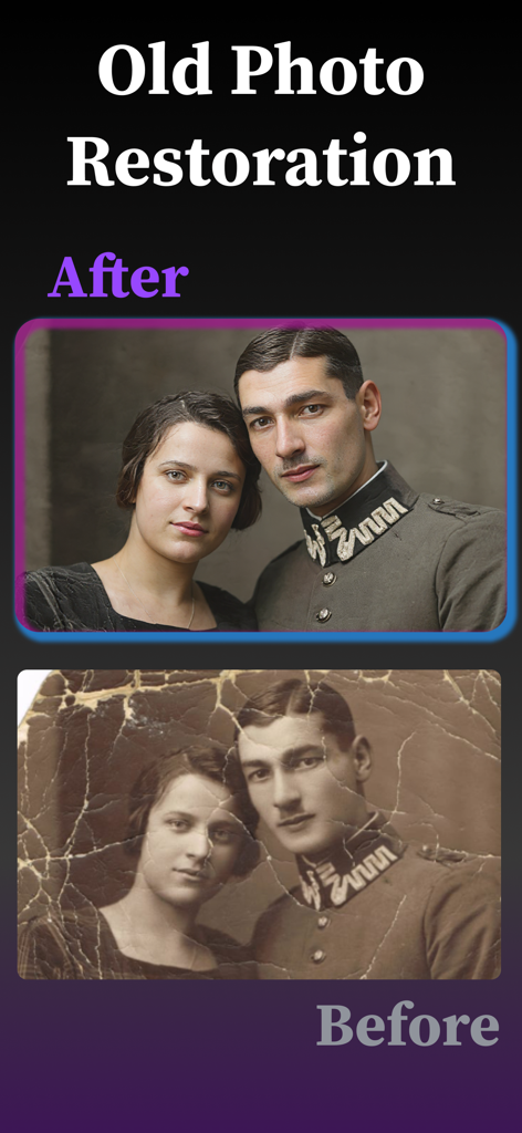 Magic Me: AI Photo to Video - Comparación de antes y después de una foto antigua restaurada usando magia IA