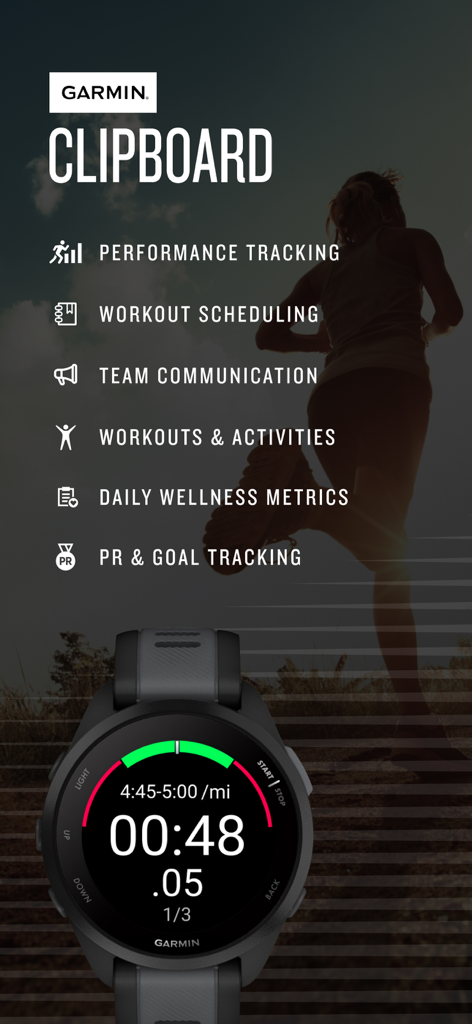 Visão geral dos recursos do Garmin Clipboard, incluindo acompanhamento de desempenho, agendamento de treinos e comunicação em equipe.