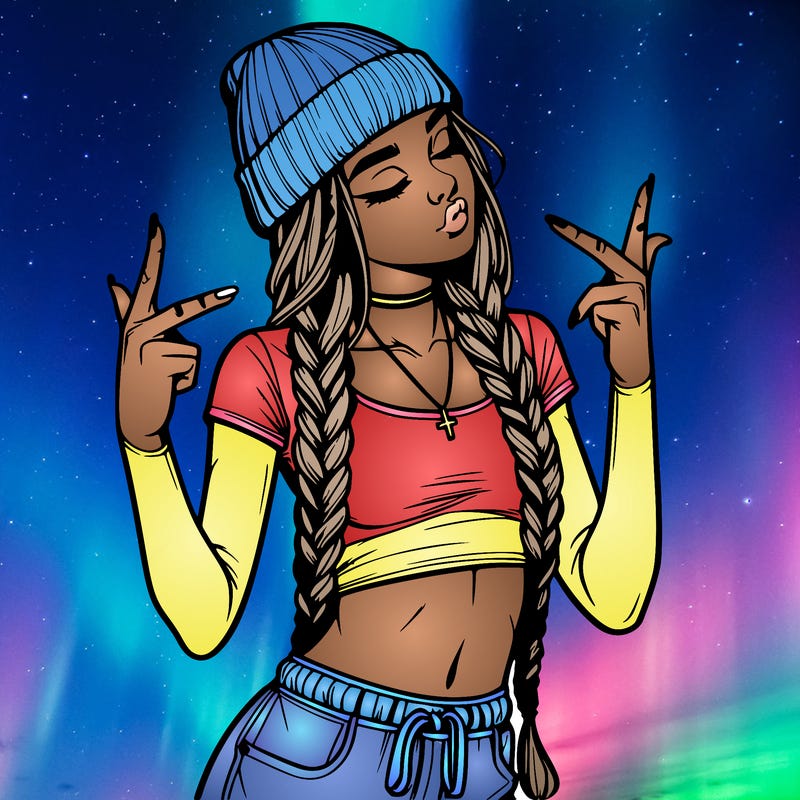 realistic teenage girl with braids and a beanie and crop top doing 🫶🏼