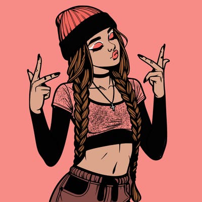 realistic teenage girl with braids and a beanie and crop top doing 🫶🏼