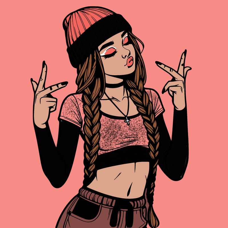realistic teenage girl with braids and a beanie and crop top doing 🫶🏼