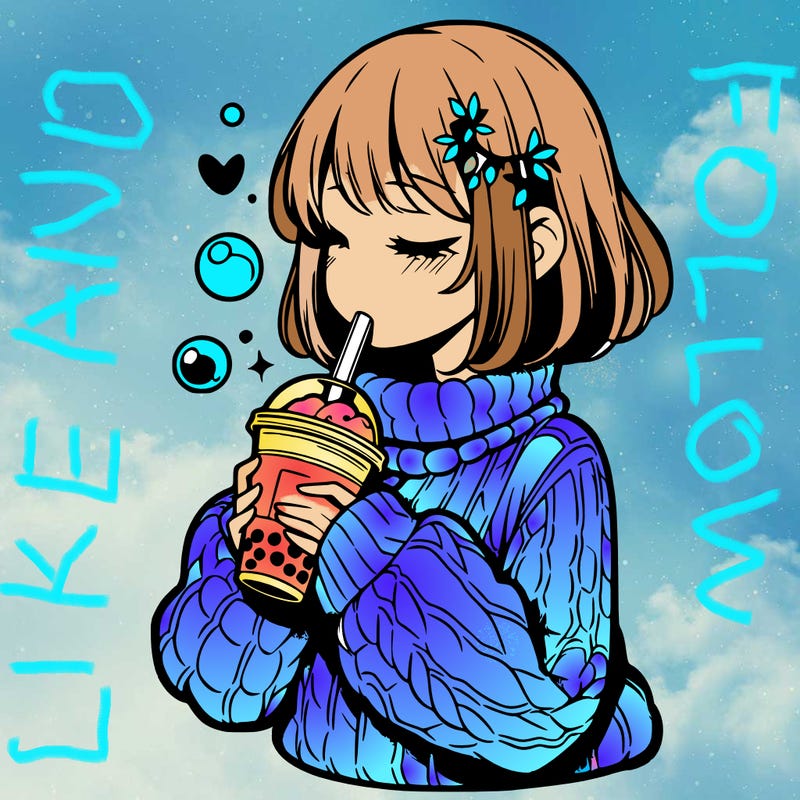 manga girl drinking boba in cozy sweater