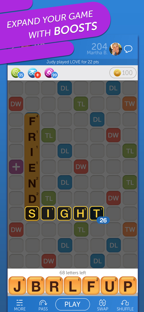 Classic Words With Friends - A gameplay screenshot of Words With Friends Classic showing a word board with tiles and a banner advertising in-game boosts.