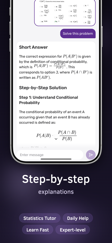 Statistics Problem Solver AI - Statistics Problem Solver AI app showing a detailed step-by-step solution for a conditional probability problem.