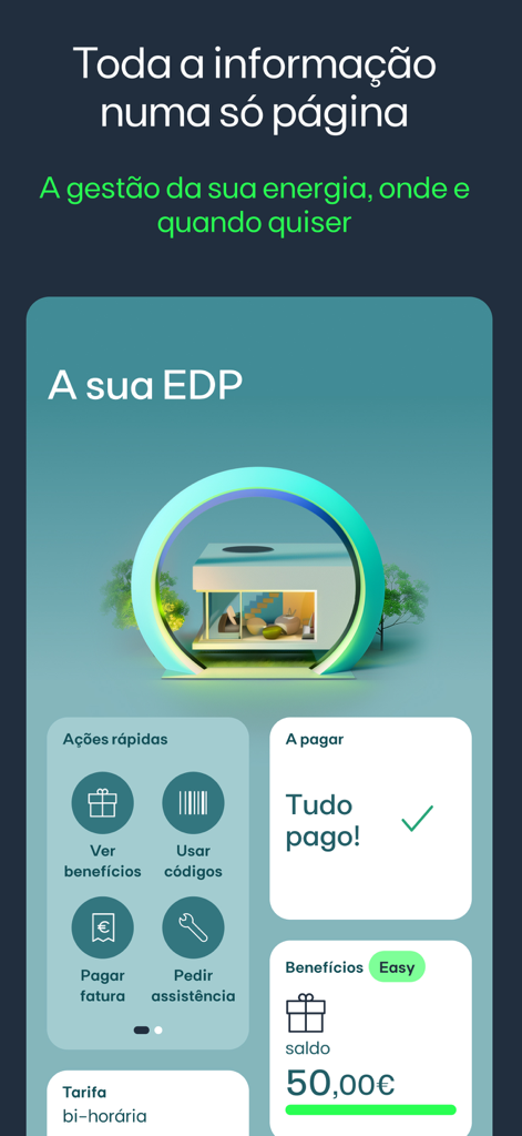 Schermata principale dell'app EDP con strumenti di gestione energetica e stato della fatturazione