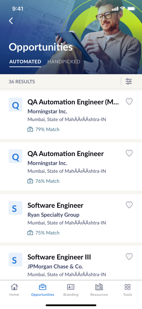 Randstad RiseSmart - Randstad RiseSmart app displaying automated job opportunities and match percentages for professional roles.