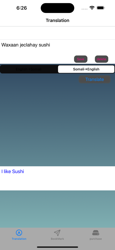 English to Somali Translator - Écran de smartphone montrant l'application de traduction Anglais Somali avec une traduction somali-anglais de 'I like sushi'.
