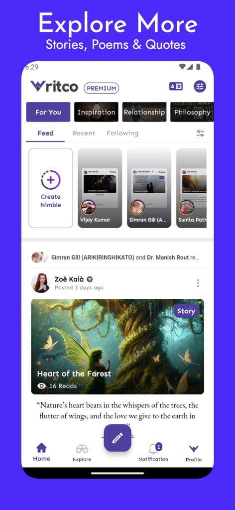 Interfaz de la aplicación móvil Writco que muestra un feed de descubrimiento con historias y categorías de escritura creativa.