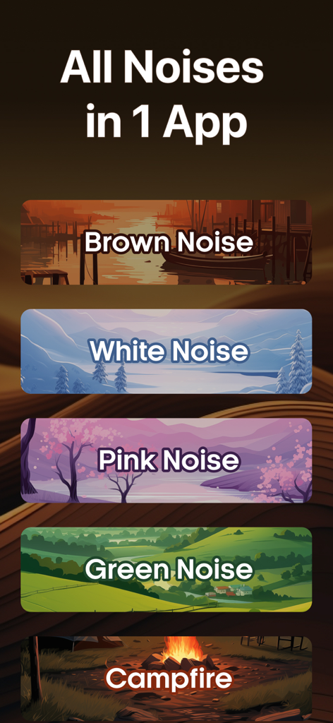 Brown Noise for Sleep - A screen from the Brown Noise for Sleep app listing brown white pink and green noise options with nature illustrations