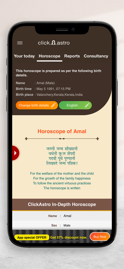 ClickAstro Kundali: Horoscopes - Smartphone screen displaying a personalized Vedic horoscope report on the ClickAstro app