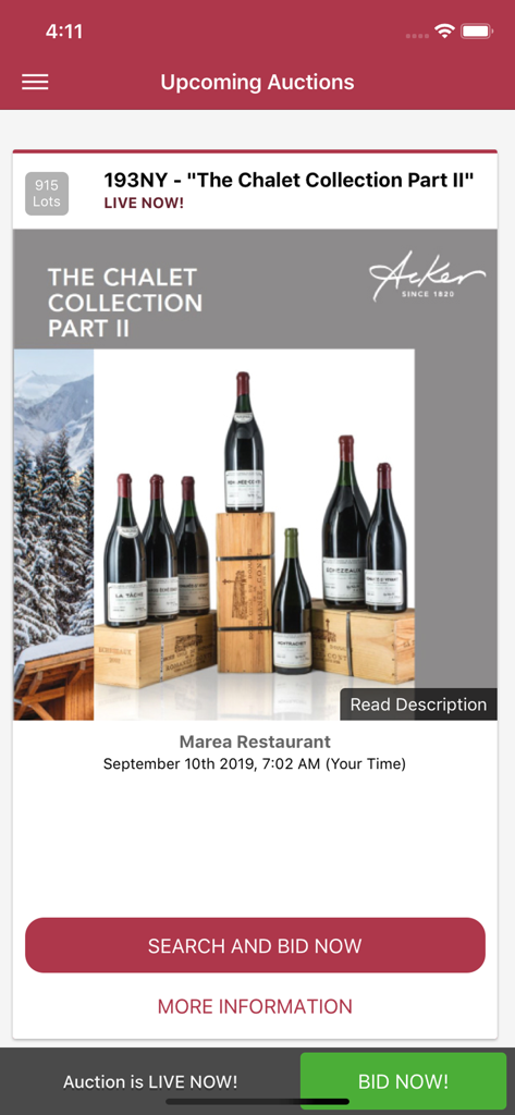 Acker Wines - Acker Wines mobile app screen showing a live auction for rare wine collections with a bid now button