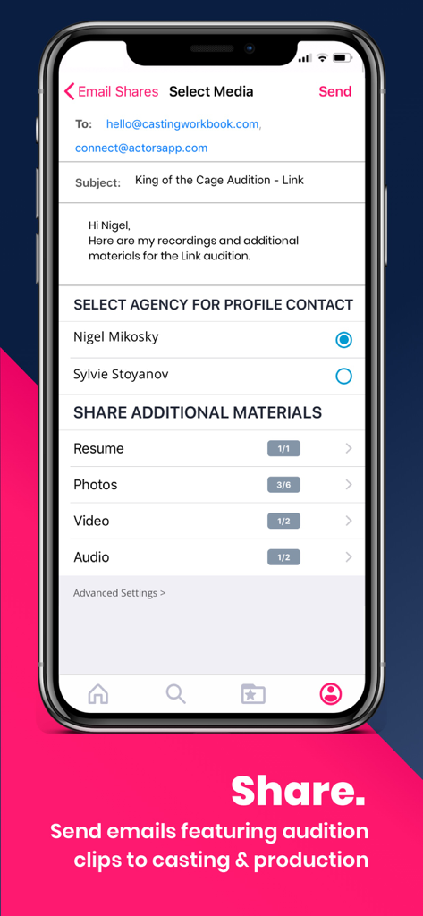 Actor App by Casting Workbook - キャスティングエージェントへのオーディションビデオや資料のメール送信を示すActor Appのモバイル画面。