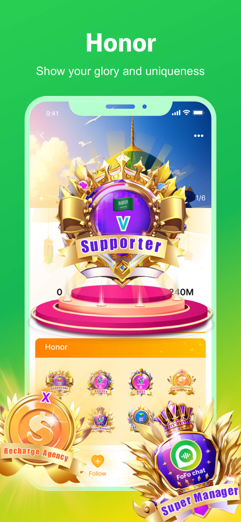 FoFoChat-Group Voice Chat Room - FoFoChat app interface showing social honor medals and supporter status badges