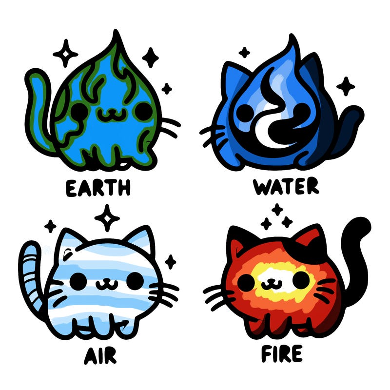 4 cats that represent the different elements, earth, water, air, and fire