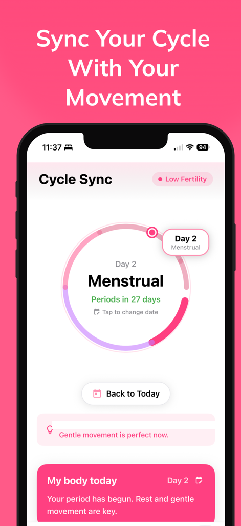 Tone AI app Cycle Sync screen showing menstrual cycle tracking and personalized workout recommendations