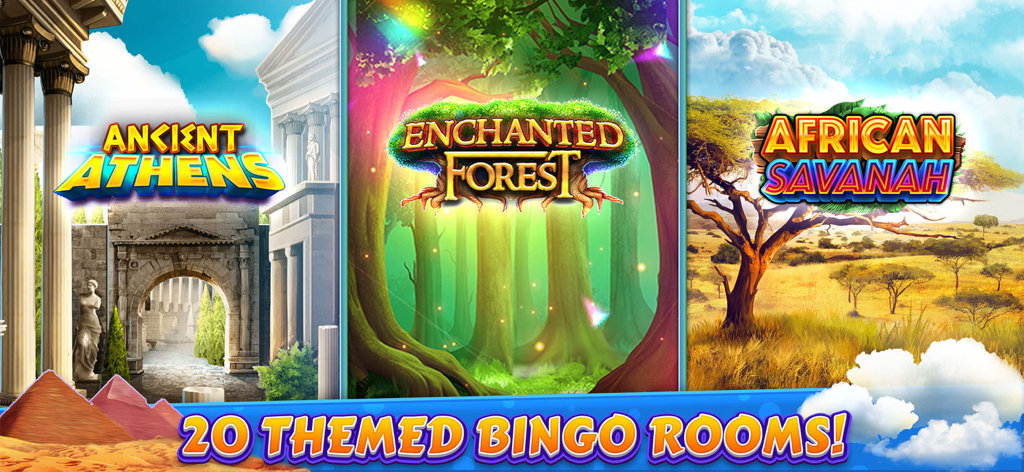Bingo Cruise™ Live Casino Game - A selection of themed bingo rooms featuring Ancient Athens, Enchanted Forest, and African Savannah.