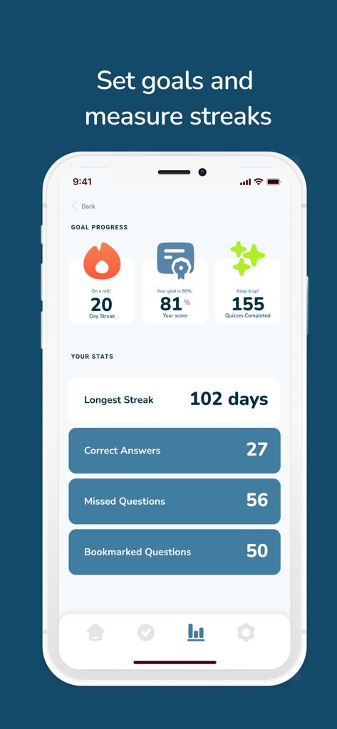 Principles of Supervision DSST app dashboard showing goal progress and study statistics