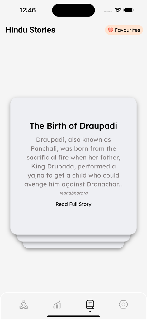 Hindu stories screen featuring the birth of Draupadi from the Mahabharata.