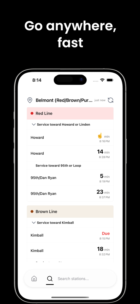 ChiTrackアプリ。ベルモント駅のレッドラインとブラウンラインのCTA電車のリアルタイム到着時間を表示。