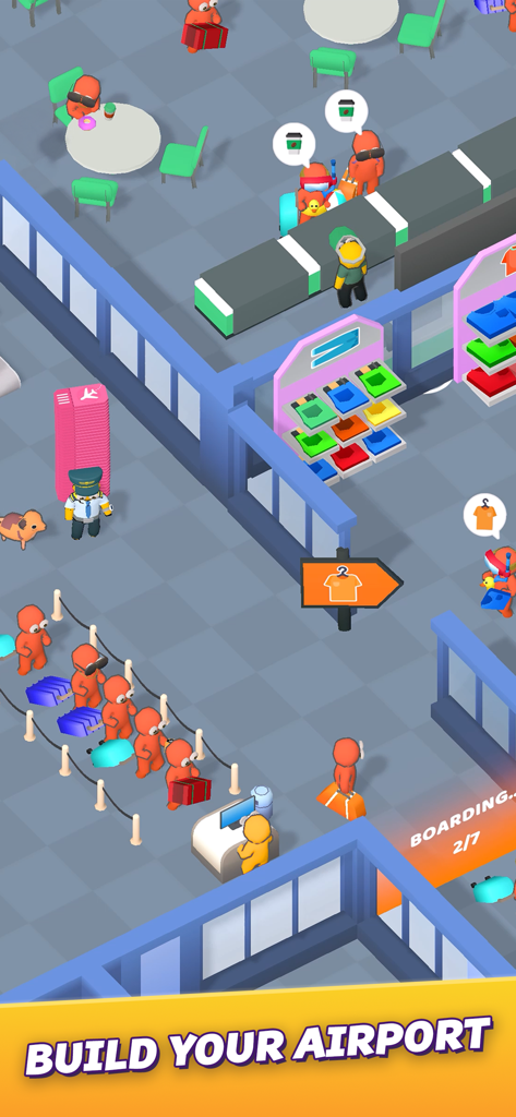 3D isometric view of passengers queuing in a busy airport terminal with a clothing shop