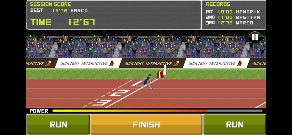 Screenshot eines mobilen Spiels im Retro-Stil, der einen Leichtathleten zeigt, der auf die Ziellinie zuläuft.