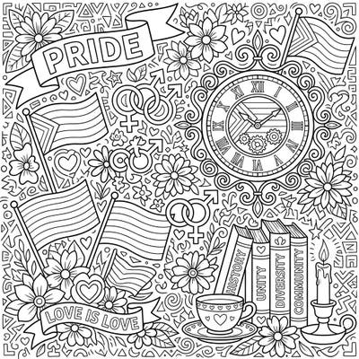 Immerse yourself in a vibrant celebration of Pride Month with this intricate still life coloring page. Discover a beautiful arrangement of symbols representing love, unity, and diversity, ready for your creative touch.