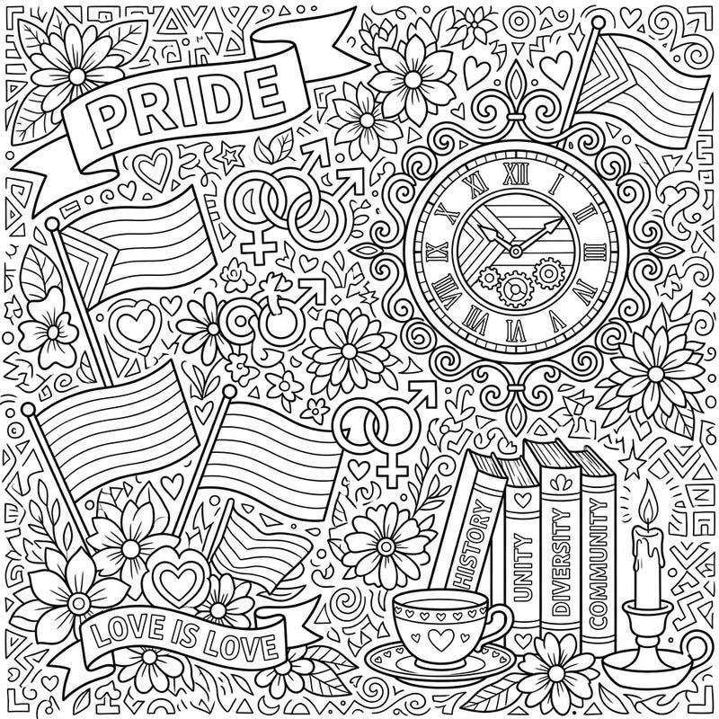 Immerse yourself in a vibrant celebration of Pride Month with this intricate still life coloring page. Discover a beautiful arrangement of symbols representing love, unity, and diversity, ready for your creative touch.