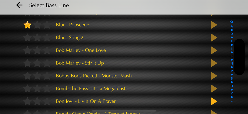 Bass Guitar Tutor Pro - A list of popular songs in the Bass Guitar Tutor Pro app including Blur Bob Marley and Bon Jovi