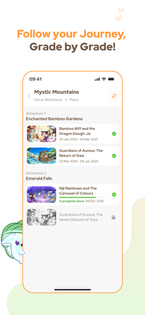 Aureus Academy app interface displaying a gamified learning journey for piano students with completed and locked adventure levels