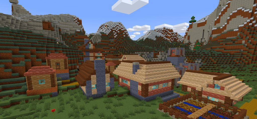 PrimalСraft 3D: Block Building - Una aldea medieval construida con bloques en un valle de montaña en PrimalCraft 3D.