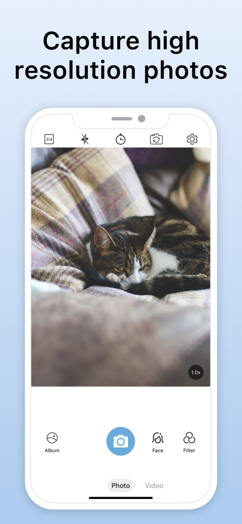 SkyCamera: Use Various Filters - Interface de l'application SkyCamera affichant une photo haute résolution d'un chat endormi avec des filtres et des réglages d'appareil photo.