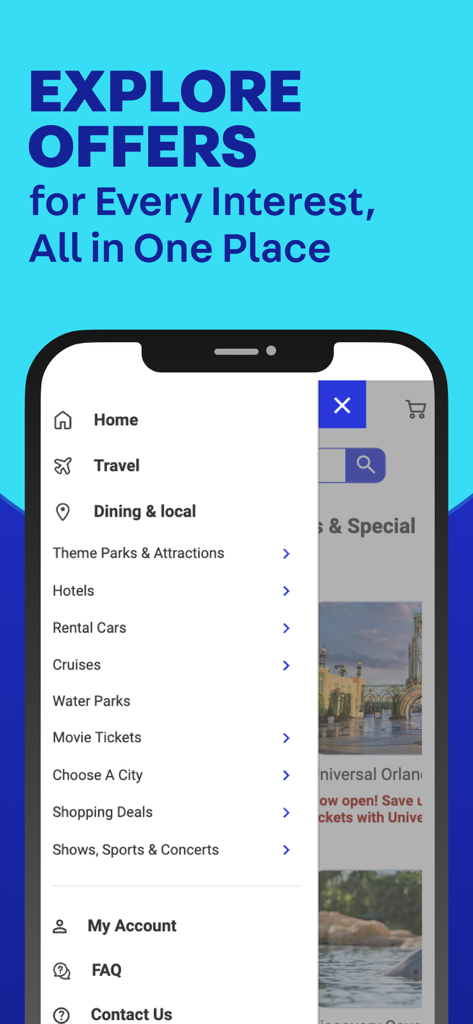 TicketsatWork: Employee Perks - TicketsatWork app navigation menu displaying discount categories for travel dining theme parks and entertainment