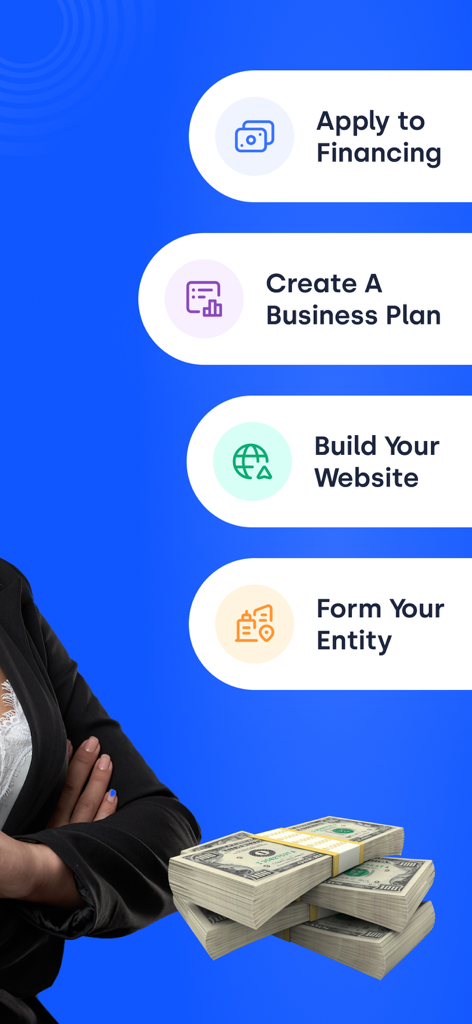Skip app screen displaying options for financing, business plans, and company formation.