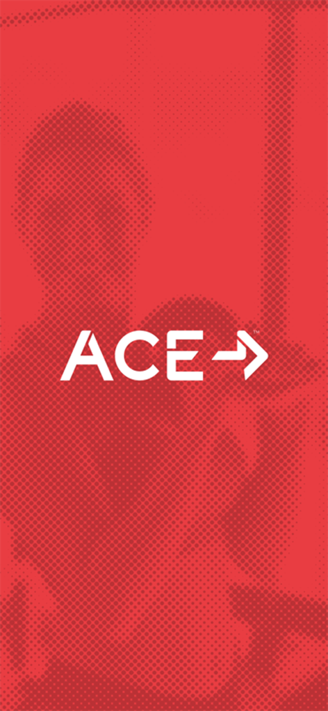 Écran de démarrage de l'application ACE Library présentant le logo ACE blanc et une icône de flèche sur un fond rouge texturé éclatant
