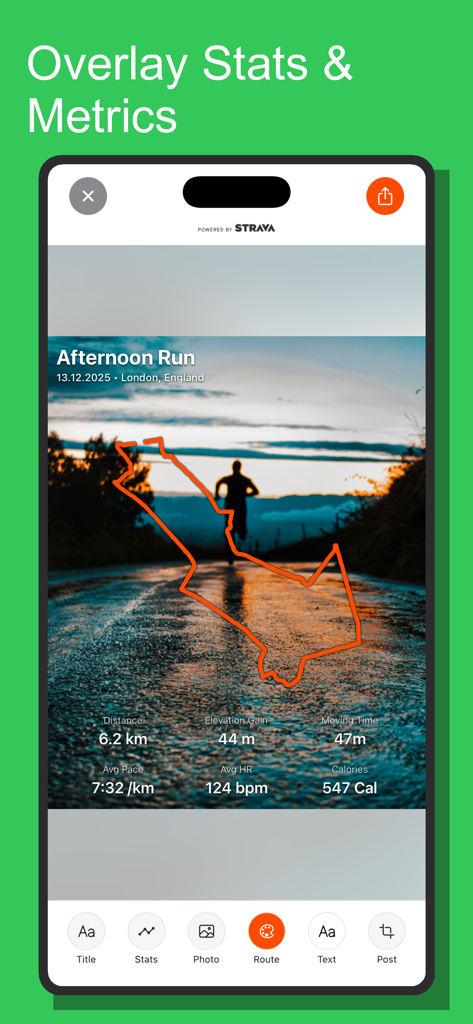routeart app - Interfaz de la app routeart que muestra una actividad de carrera con la ruta GPS y estadísticas de fitness superpuestas en una foto panorámica