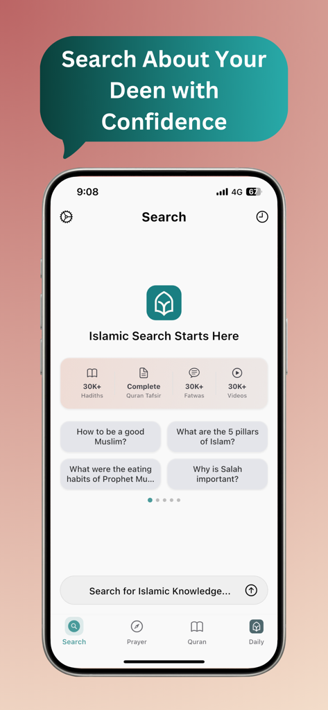 Islamic search engine interface in the Tasleem app showing verified knowledge categories and common religious questions.