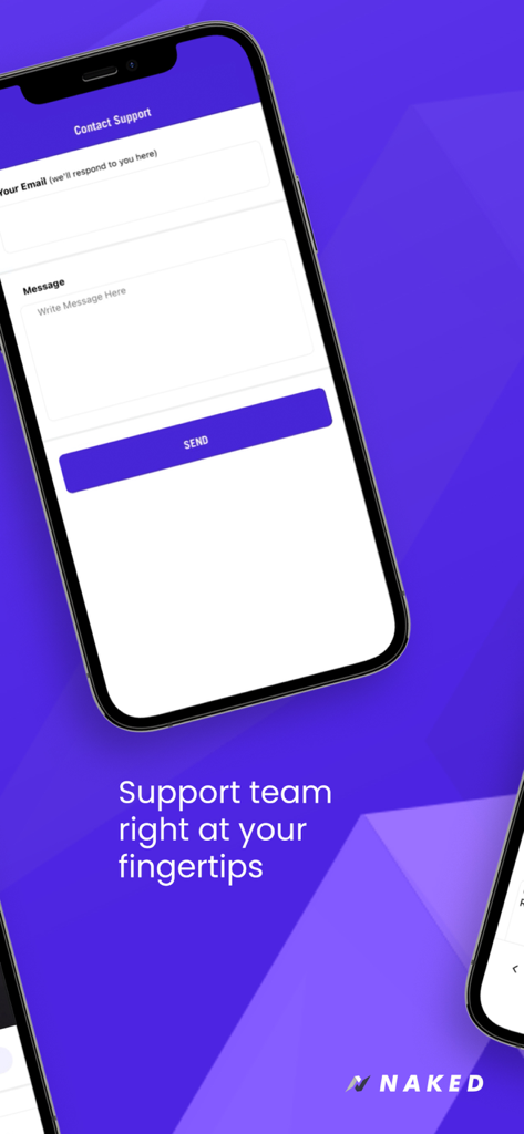 Naked Training - Pantalla de contacto de soporte de la aplicación de fitness Naked Training mostrando campos de mensaje y un botón de envío.