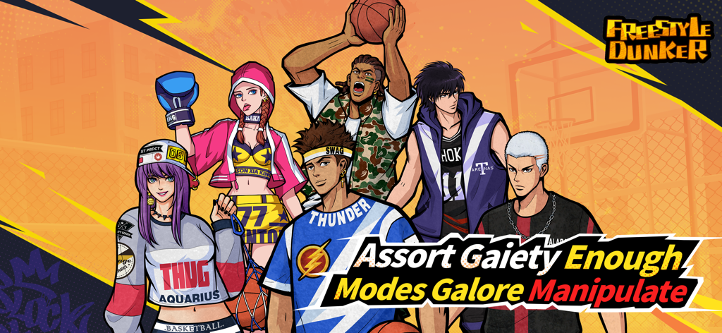 A group of diverse anime-style basketball players in stylish streetwear outfits from Freestyle Dunker