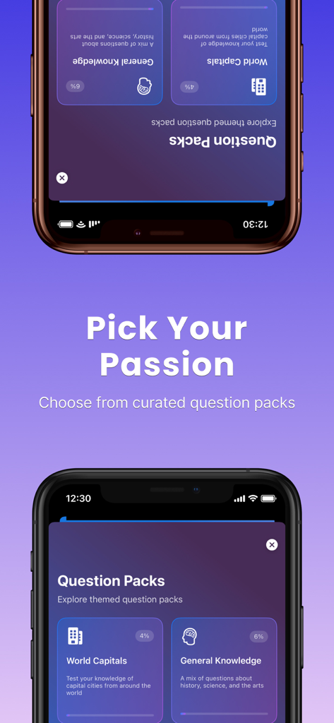 The Daily Question - Mobile app screen displaying curated trivia question packs for different knowledge categories