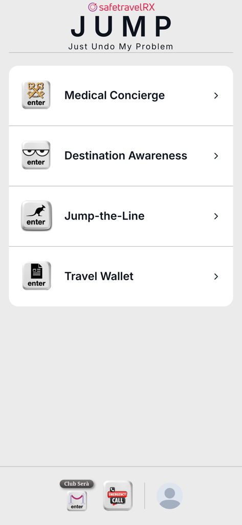 safetravelRX - Haupt-Dashboard der safetravelRX mobilen App, das Reise-Concierge- und Sicherheitsfunktionen zeigt