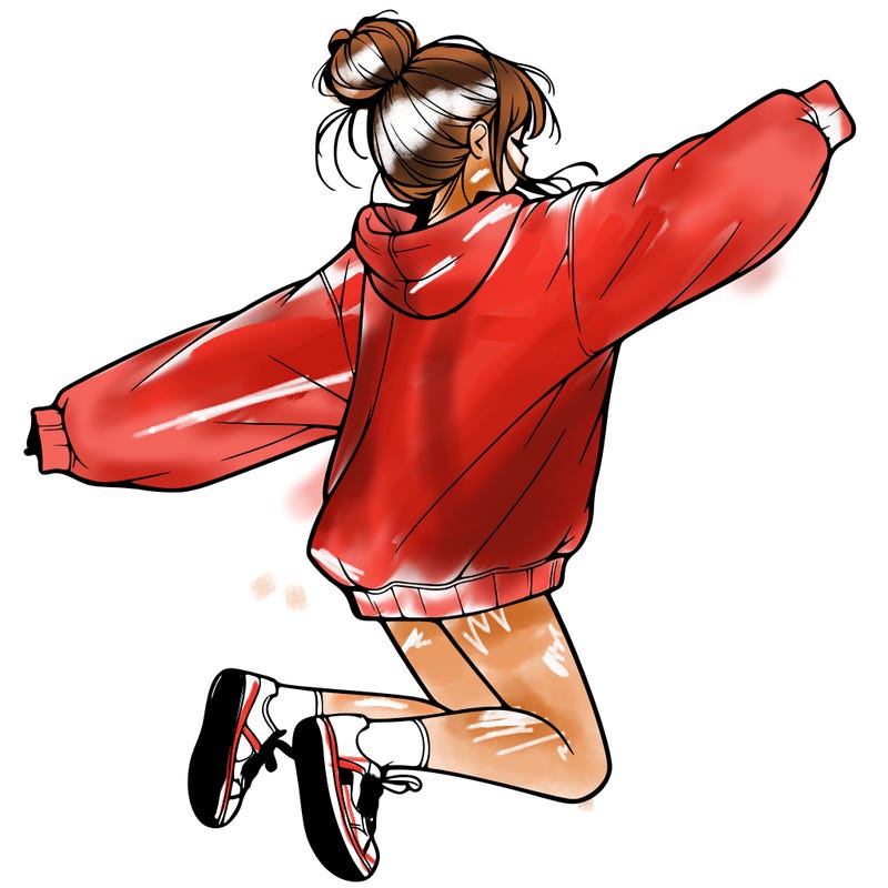 realistic girl jumping with a bun and oversized sweatshirt