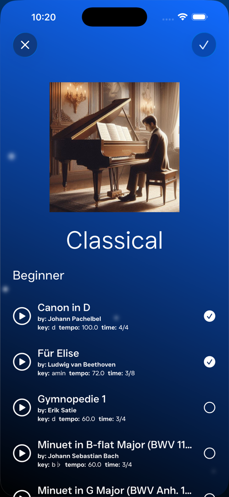 Note Spark - A list of beginner classical piano songs including Canon in D and Fur Elise in the Note Spark app.