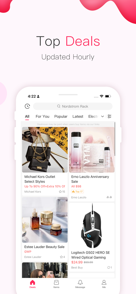 DealMoon - Best Deals, Coupons - Interfaz de la aplicación DealMoon mostrando las mejores ofertas de compras actualizadas cada hora